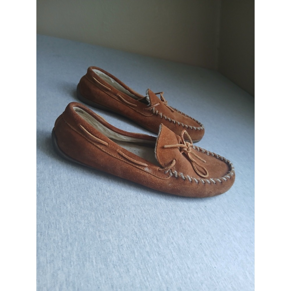 Minnetonka Moccasins Mens 12 M Leather Slip On Faux Fur Lined Loafer Casual